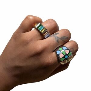 Rainbow Baguette Gem Ring + Colorful Mosaic Statement Ring Bundle